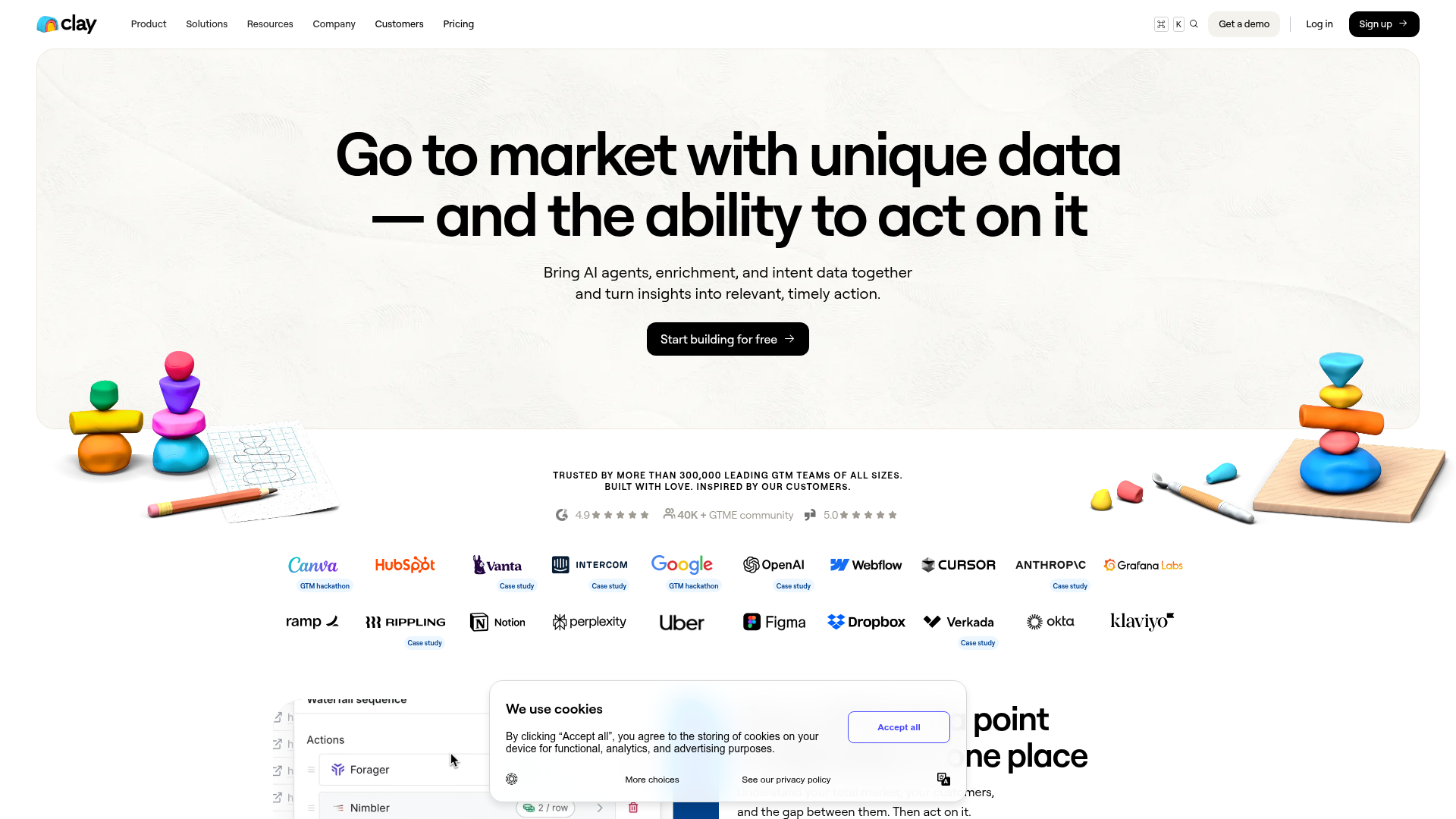 Clay interface showing data waterfall and enrichment sources