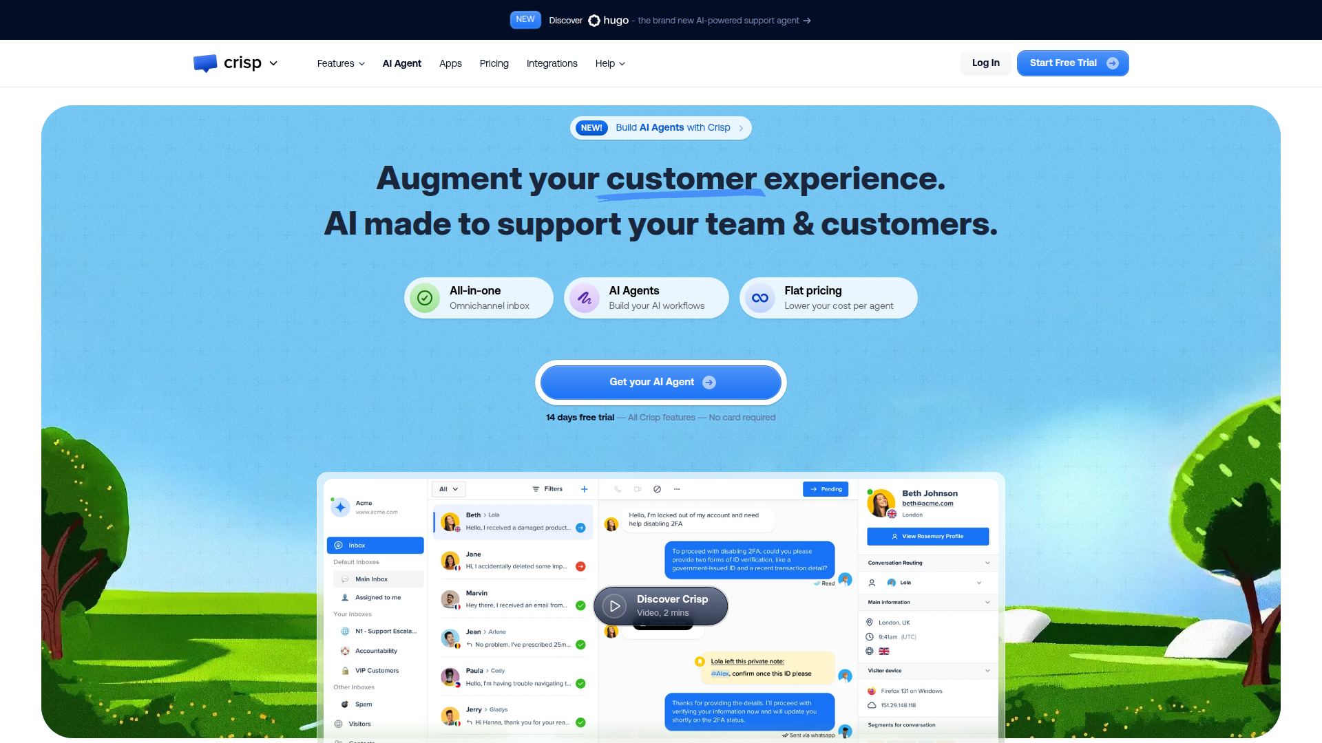 Crisp dashboard showing live chat and AI features
