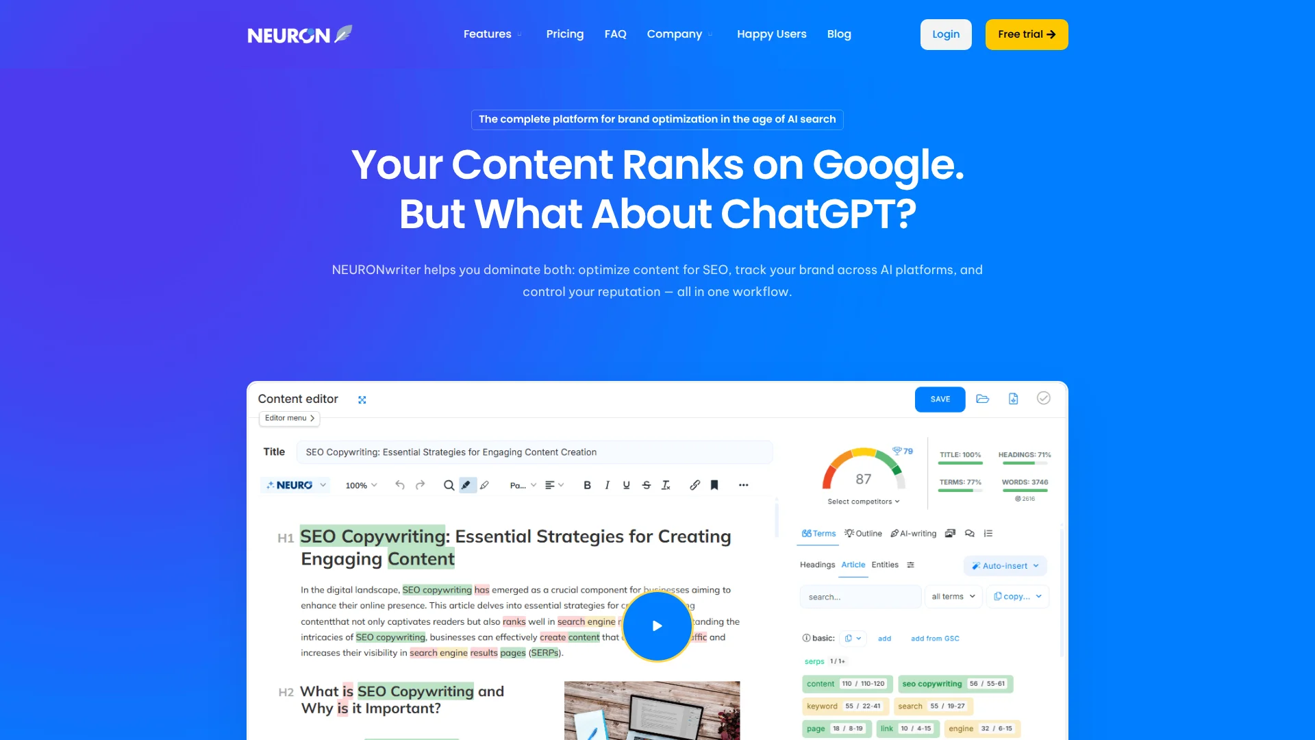 NEURONwriter content editor interface