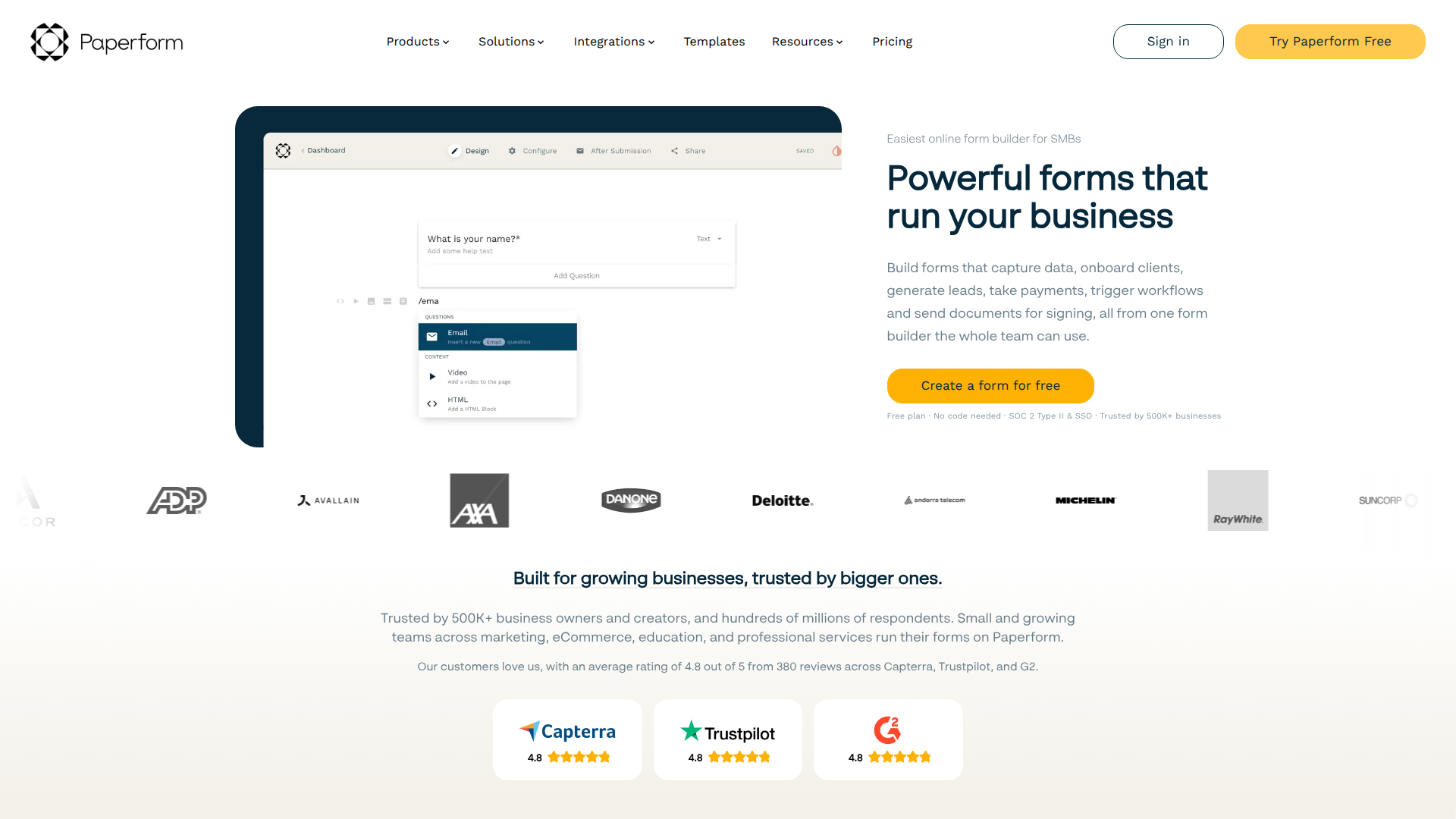 Paperform form builder showing booking and payment features