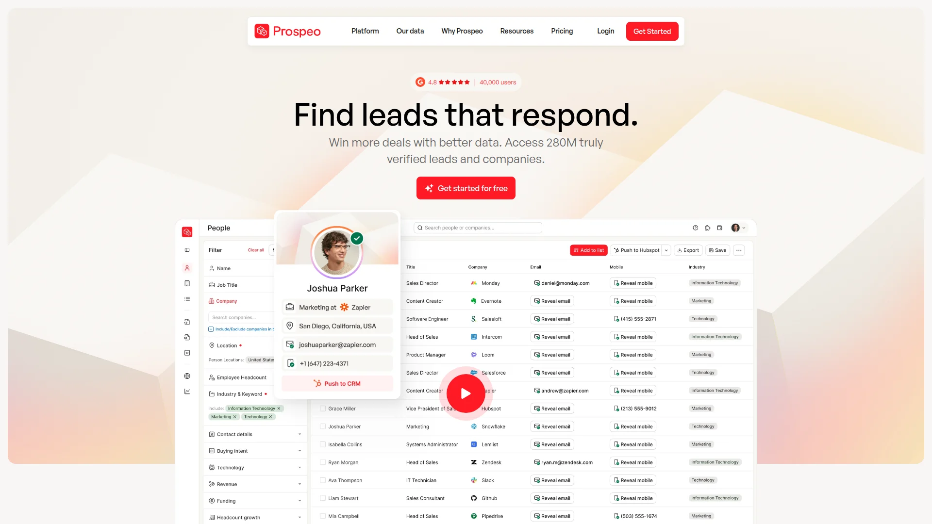 Prospeo email finder interface screenshot