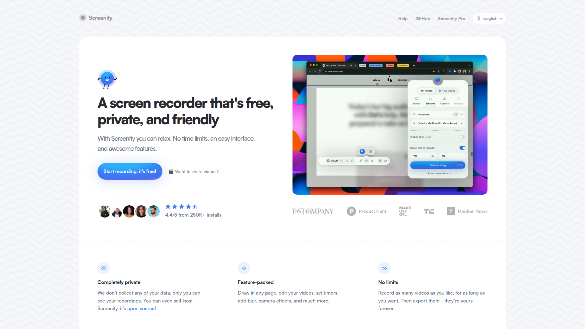 Screenity homepage screenshot