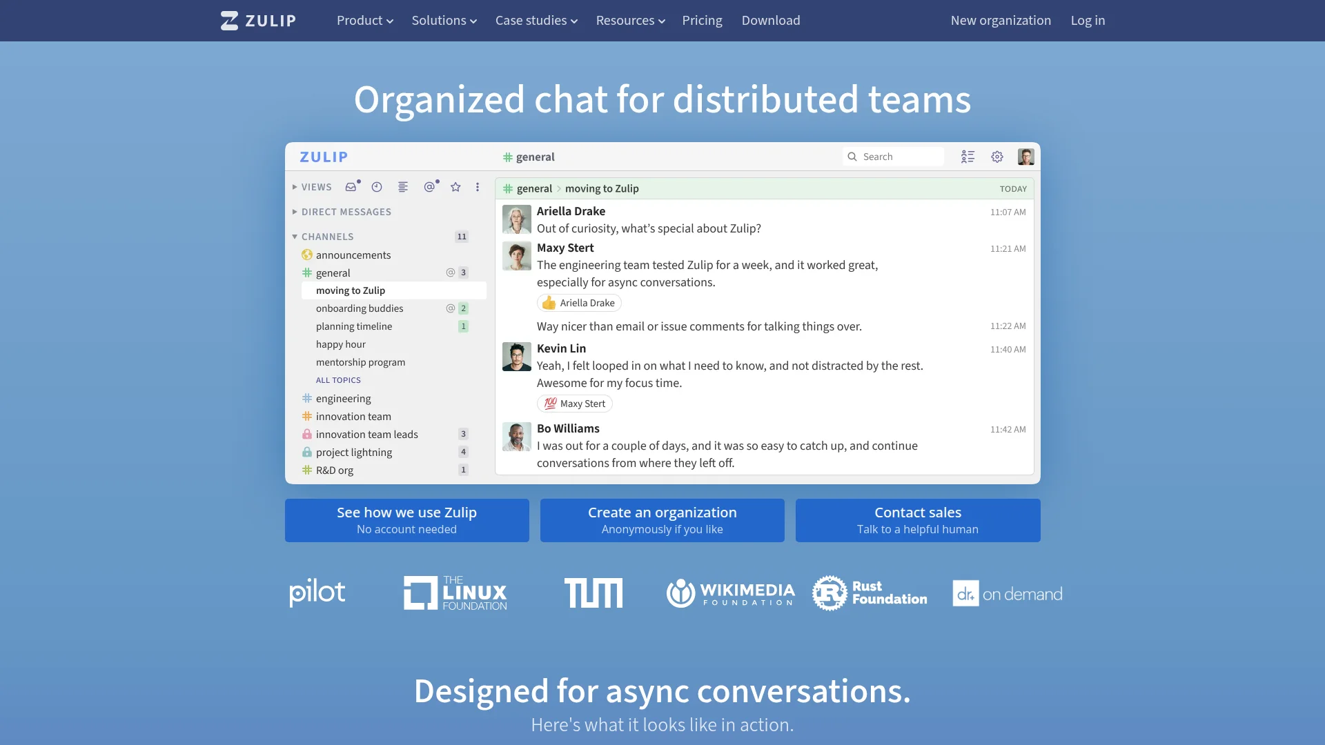 Zulip topic-threaded conversation view